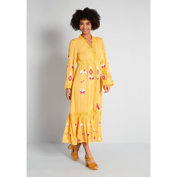 ModCloth Yellow Sunshine of Your Love Floral Embroidered Midi Dress Sz 6 - Picture 1 of 12